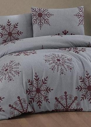 Комплект постільної білизни фланель євро cotton collection сірий + маленькі червоні сніжинки