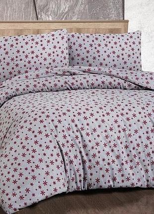 Комплект постільної білизни фланель євро cotton collection сірий + гомілкі червоні сніжинки