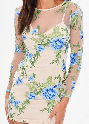 Святкова сукня сіточка missguided eur 38 р. uk 10 р. тілесна/нюдова/прозора/з вишивкою/квітковий принт/комбінація/нарядна/ошатна/випускний
