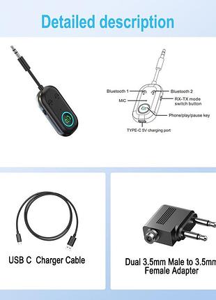 Передавач bluetooth, передавач 3,5мм на bluetooth 5.3, адаптер для літака 2-в-1 для навушників, телевізор 2