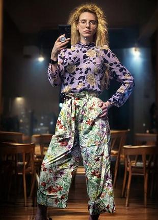 Кюлоты zara woman завышенная высокая посадка с поясом брюки штаны в принт цветы