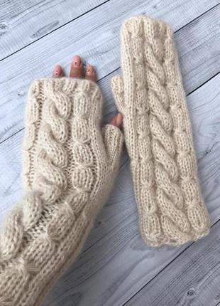 Митенки вязаные тёплые варежки молочные бежевые узор вязаные митенки мохер