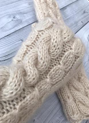Митенки вязаные тёплые варежки молочные бежевые узор вязаные митенки мохер