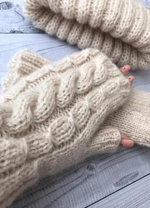 Митенки вязаные тёплые варежки молочные бежевые узор вязаные митенки мохер