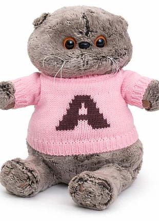Мягкая игрушка котик басик 30 см m16177-2 — серый вислоухий в розовом свитере