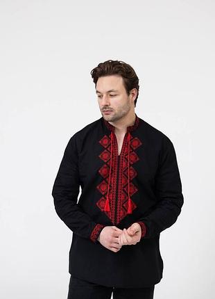 Вышиванка мужская черная с красной вышивкой, украинская рубашка с орнаментом l
