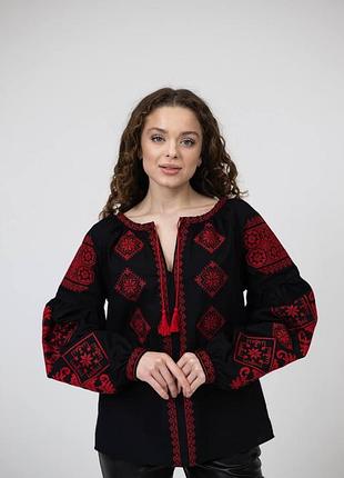 Вышиванка женская черная с красной вышивкой, вышитая блуза в украинском стиле м