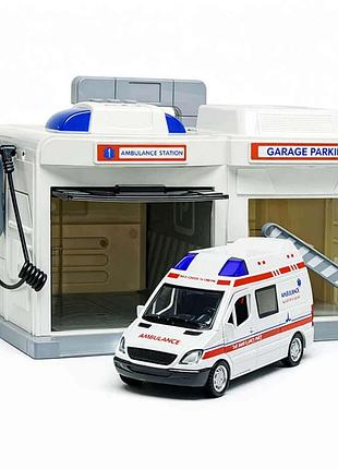 Игровой набор гараж скорая помощь с рацией clm-557 — металлический автомобиль, свет, звук, сирена, открывающиеся двери