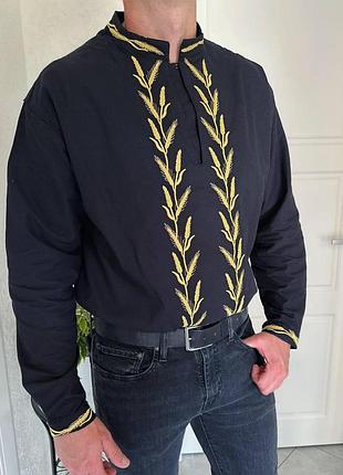 Мужская вышиванка с колышками черная/белая. размеры s, m, l, xl