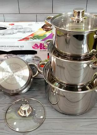 Набор каструль benson bn-195, из нержавеющей стали, 10 предметов, кастрюли 2.1л, 2.9л, 3.9л, 6.5 л