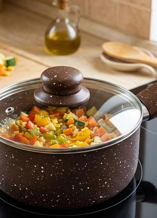 Сотейник з кришкою мармурова крихта 2.2 л алюмінієвий зі скляною кришкою brown
