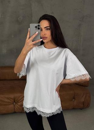 Футболка oversize з мереживом універсал — чорна, біла,