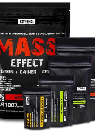 Комплект 4 в 1 для набору маси extremal mass effect 1 кг гейнер для сили whey protein енергетик креатин протеїн для м’язів