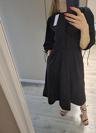 Чорна поплінова сукня zara з пишними рукавами