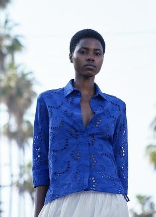 Синяя рубашка блуза zara оригинал collection embroidered electric blue