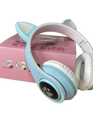 Навушники бездротові cat ear в39м fm-радіо microsd bluetooth з вушками та підсвічуванням блакитні