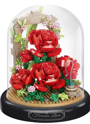 Набор для сборки конструктор-букет red roses серия flower flask красные розы под куполом 574 детали