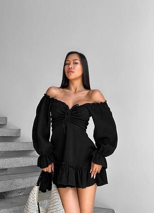 Жіноча сукня міні, коротка сукня з зав’язками, облягаюча сукня, коротке плаття, чорне плаття з рукавами, муслінове плаття, чорна сукня з мусліну