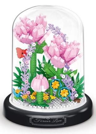 Набір для збирання конструктор-букет pink dianthus серія flower flask рожеві гвоздики під куполом 624 деталі