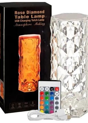 Ночник led crystal rose, настольная лампа роза с аккумулятором, 16 цветов подсветки, сенсор и пульт