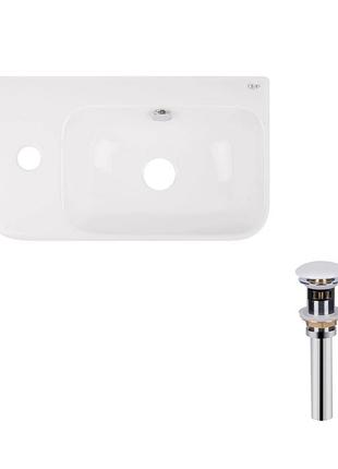 Комплект qtap tern: раковина підвісна прямокутна ліва 450х260х155 мм white + донний клапан pu02o