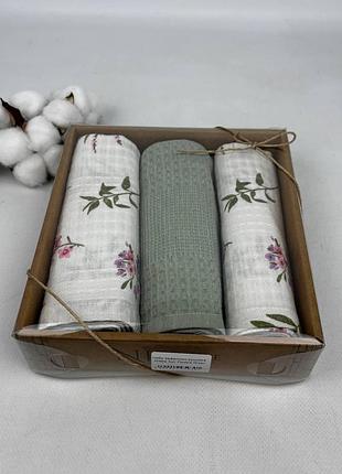 Набор вафельных полотенец nilteks 3шт flowers green