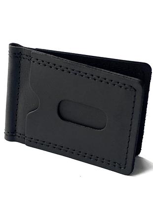 Зажим для денег и карточек из натуральной кожи черный grand black держатель для купюр кожаный черный