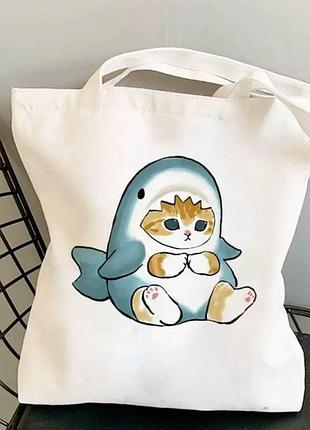Сумка шоппер котик сидить в костюмі акули