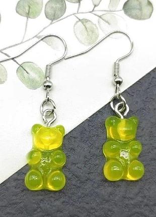 Серьги мишки "gummy bears" / яркие / разные цвета салатовый