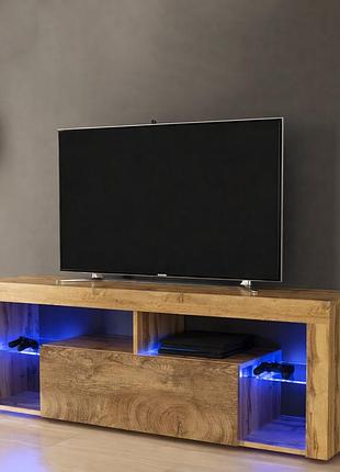 Тумба под телевизор с led подсветкой 140см шириной тумбы под tv из ламинированного дсп современная тумба тв дуб вотан/спил дерева медовый