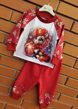 Пижама новогодняя детская с начесом конек 80