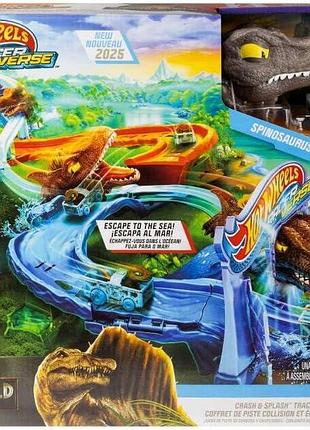 Трек столкновение и всплеск с велоцираптором и спинозавром hot wheels racerverse jurassic world crash & splash