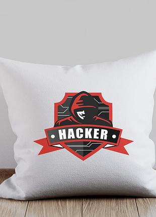 Подушка с принтом "hacker" (стилизованная эмблема хакера) для программиста, крутая подушка с дизайном в подарок айтишнику
