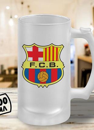 Пивной бокал с принтом "классический логотип fc barcelona с щитом и мячом" 500 мл кружка пивная подарок фанату барселоны