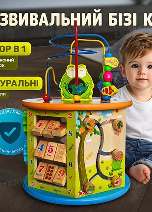 Детский развивающий деревянный куб для обучения и игры с счетами, сортером и логическими задачами