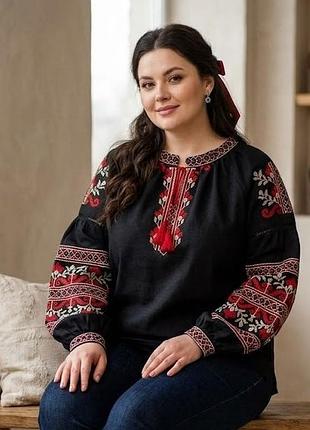 Вышиванка женская полномерная блуза черная с красно-белым вышитым орнаментом размеры xl, 2xl, 3xl.