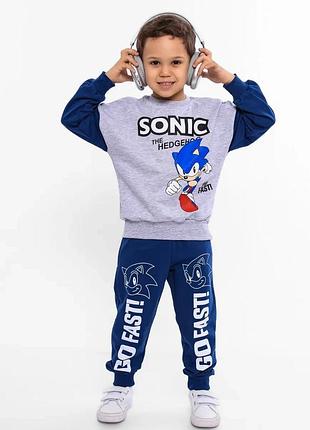 Детский тёплый костюм для мальчика sonic x из турецкой трёхнитки на флисе (свитшот и штаны) 140