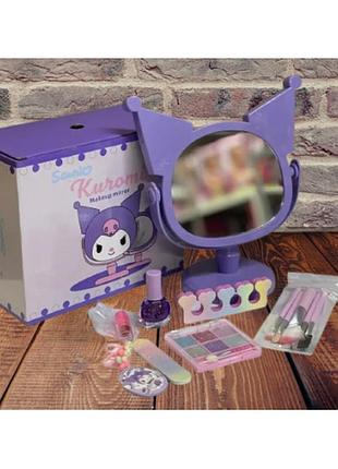 Косметический набор sanrio kuromi для девочек |палетка теней/румян 9 оттенков, зеркало,помада, 5 кисточек для макияжа|
