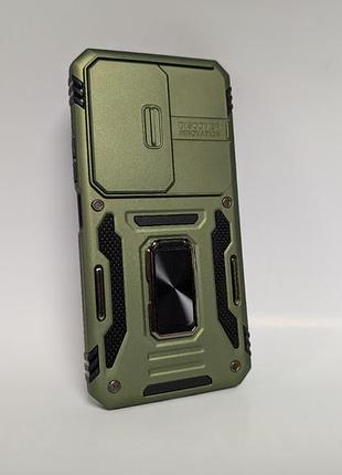 Чохол для xiaomi redmi 15 global, camera slide, протиударний, з захисною шторкою камери та кільцем-тримачем, хакі