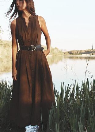 Коричневое платье миди с поясом zara