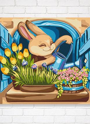 Картина фарбами за номерами дитяча на підрамнику 30x40 зайчик флорист © olena lazarenko середньої складності