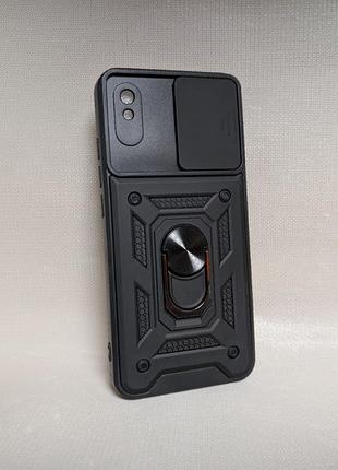 Чехол для xiaomi redmi 9a / сяоми редми 9а, противоударный, с кольцом-держателем, шторка камеры, черный