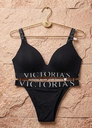 Хлопковый черный комплект женского белья cotton exploded logo victorias secret, виктория сикрет оригинал