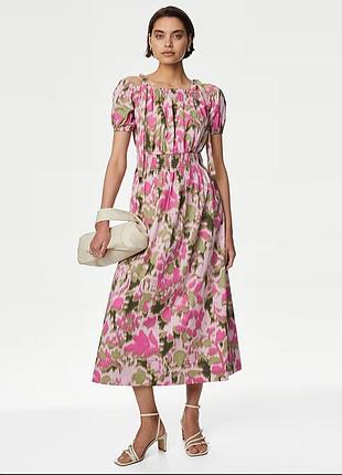 Платье миди из чистого хлопка с цветочным принтом и завышенной талией m&s