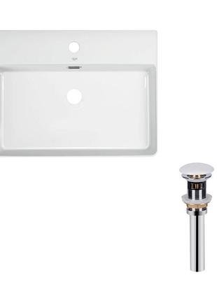 Комплект qtap nando lt: раковина підвісна прямокутна 600х440х130 мм white + донний клапан pu02o