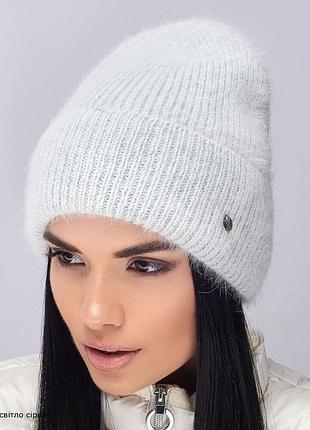 Женская шапка leks из ангоры на флисе "коктейль" светло серый