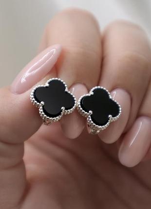 Срібні сережки van cleef з оніксом конюшина 925 проба