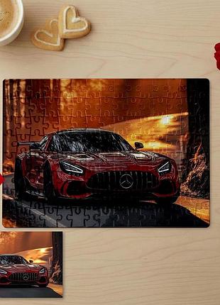Пазл 15х21 (80 элементов) с фото mercedes-amg gt на фоне палающего пейзажа — персонализированный авто-пазл, подарок для автолюбителя, мужчины