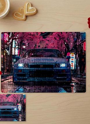 Пазл 28х39 (300 элементов) с фото nissan skyline gt-r на фоне ночного мегаполиса с неоновыми вывесками и цветущей сакурой