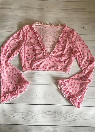 Топ сетка сетчастый розовый с сердечками рукава клеш